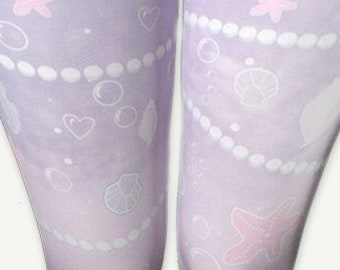 Pastel Mermaid Tights Kawaii Marine Ocean Stockings Lolita Printed Tights Splash Dream Undersea Seashell Fairy Kei Size XS Through 3XL