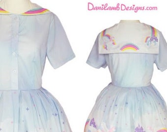 Yume Kawaii Dress Unicorn Print Dress Unicorn Dress Fairy Kei Dress Pastel Sailor Style Dress **MTO Month**