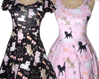 Kawaii Cat Dress Fairy Kei Dress Kitten Cat Cap Sleeve Dress Cat Pattern Size XS Through 5XL *Made 2 Order*