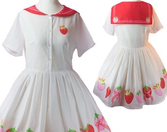 Strawberry Dress Kawaii Strawberry Dress Strawberry Print Dress Sailor Style Dress Harajuku