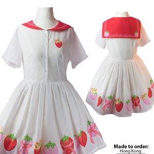Strawberry Dress Kawaii Strawberry Dress Strawberry Print Dress Sailor Style Dress Harajuku