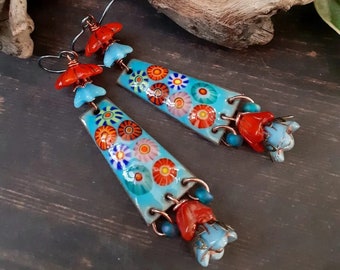 Blossom Blue - OOAK orange blue enamel copper long statement floral boho earrings.