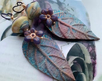 Violets  - wearable art polymer clay lilac cream blue violet lampwork matte rustic flower and leaf earrings.