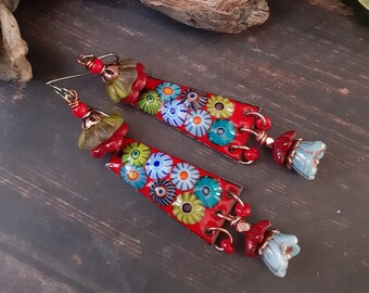 Blossom - OOAK red green blue enamel copper long statement floral boho earrings.