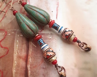 Macchu Picchu -  fair trade peruvian wooden bead and czech glass drop copper tribal earrings.