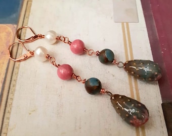 Sunset over the  Ocean  - freshwater pearl, gemstone and ceramic copper lever back boho earrings