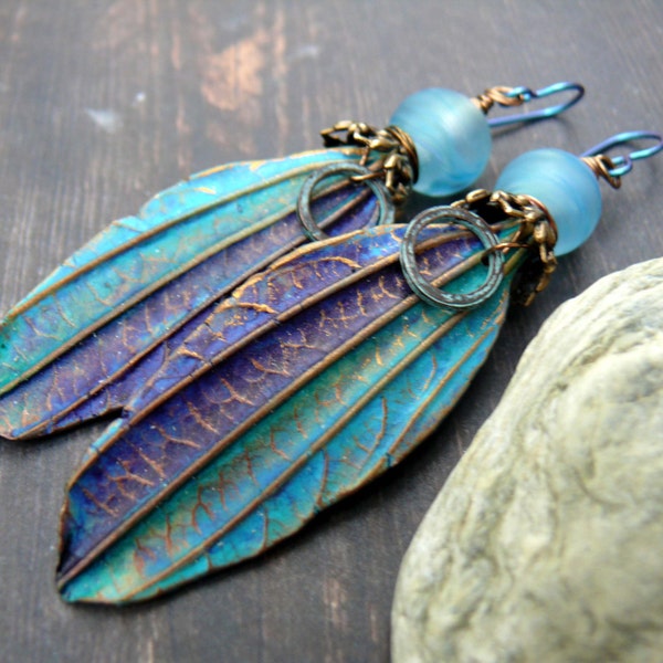 A Flash of Blue Sky - wearable art polymer clay aqua midnight blue bronze lampwork rustic leaf earrings.