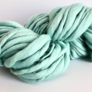 May include: A large skein of soft, light green yarn. The yarn is thick and fluffy, perfect for knitting or crocheting.