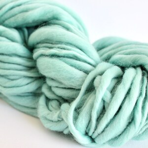 May include: A skein of light blue yarn, made of soft, fluffy fibers. The yarn is thick and chunky, perfect for knitting or crocheting.