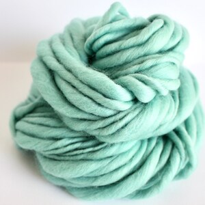May include: A large skein of soft, light green yarn. The yarn is made of wool and is perfect for knitting or crocheting.