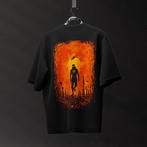 Orange Wasteland Sci-Fi Symbol Back Print Shirt – 280GSM Heavyweight Oversized Unisex Gaming Tee, Retro Sci-Fi Streetwear