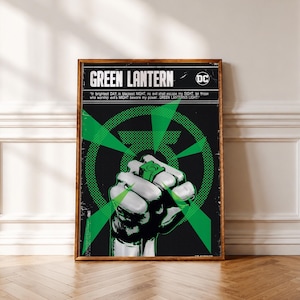 May include: A rectangular poster featuring a black and green graphic of a fist wearing a Green Lantern ring. The text reads GREEN LANTERN and includes the oath: In brightest DAY, in blackest NIGHT, no evil shall escape my SIGHT, let those who worship evil's MIGHT beware my power... GREEN LANTERN'S LIGHT!
