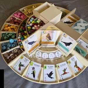 May include: A circular wooden board game organizer featuring multiple compartments filled with colorful tokens, small egg-shaped pieces, and various bird-themed playing cards. The organizer includes a central square box and slots for cards, with the text MAYHEM MODELS printed in the center.