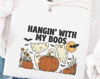Hangin With My Boos Sweatshirt, Cute Ghost Halloween Hoodie, Retro Spooky Fall Graphic