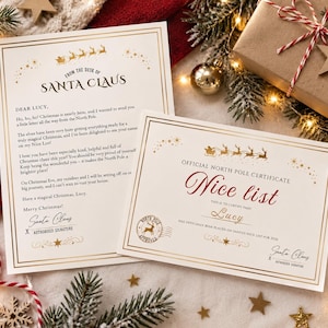 May include: A letter from Santa Claus and an Official North Pole Certificate Nice List document. Both papers feature gold foil borders, a silhouette of Santa's sleigh with reindeer, and the name Lucy printed in elegant script lettering.