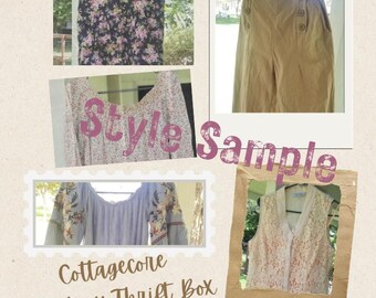 May include: A collage of four images showcasing a cottagecore style mystery thrift box. The images show a floral print top, a floral print dress, a light blue off-the-shoulder top with floral embroidery, and a white lace vest.