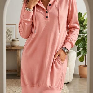 Women's Polyester Hooded Sweatshirt Dress, Long Sleeve Casual Tunic, Relaxed Everyday Wear