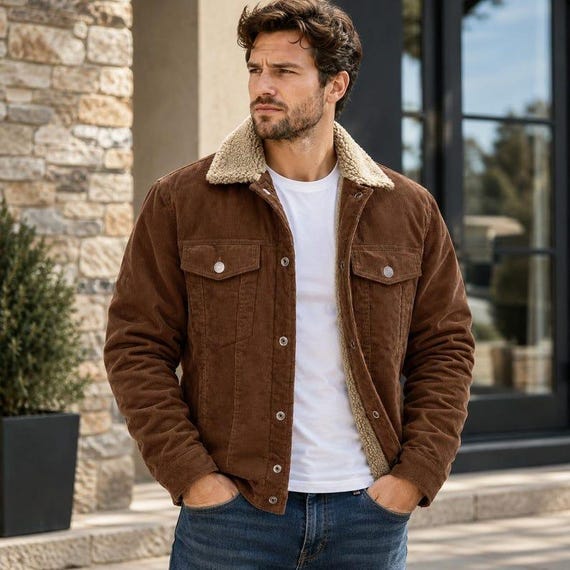 Vintage Corduroy Sherpa Lined Jacket for Men, Button Front Workwear Coat, Casual Outerwear