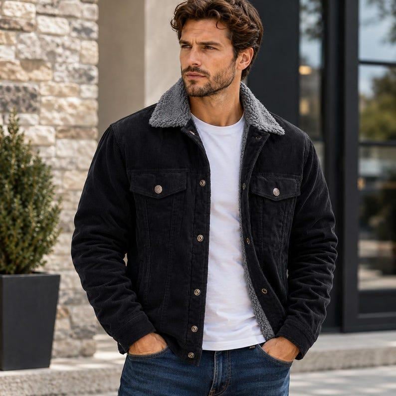 May include: A black corduroy jacket featuring a grey sherpa collar and lining, a button-front closure, and two chest pockets with buttoned flaps. The jacket is worn over a plain white t-shirt and paired with blue denim jeans for a layered look.