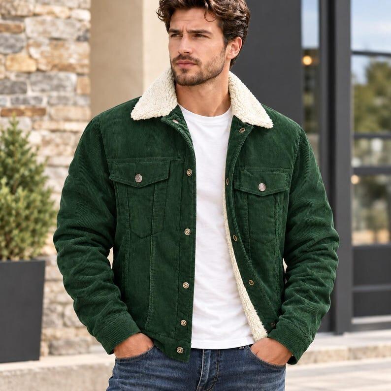 May include: A dark green corduroy jacket featuring a white sherpa collar and lining, a button-front closure, two chest pockets with buttoned flaps, and long sleeves. The jacket is worn over a plain white t-shirt and paired with blue denim jeans.