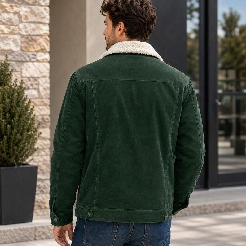May include: A dark green corduroy jacket featuring a white sherpa collar, long sleeves with buttoned cuffs, and a button-down back hem. The jacket is worn over blue denim jeans, showcasing a structured fit with visible vertical corduroy texture.