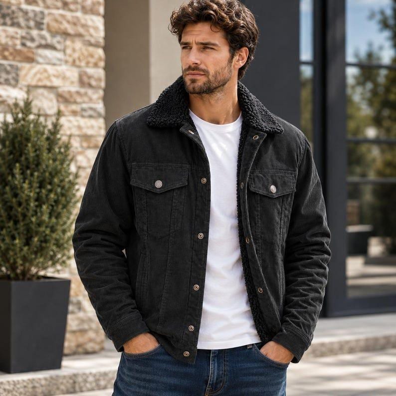 May include: A black denim jacket featuring a dark textured sherpa collar and lining, a button-up front with metallic buttons, two chest pockets with buttoned flaps, and long sleeves, worn over a plain white t-shirt and blue denim jeans.