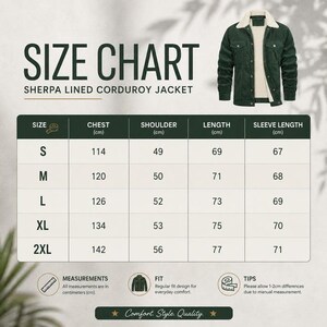 May include: A size chart for a dark green corduroy jacket with a white sherpa lining. The chart displays measurements in centimeters for sizes S through 2XL, including chest, shoulder, length, and sleeve length. Text includes SIZE CHART, SHERPA LINED CORDUROY JACKET, and measurement tips.