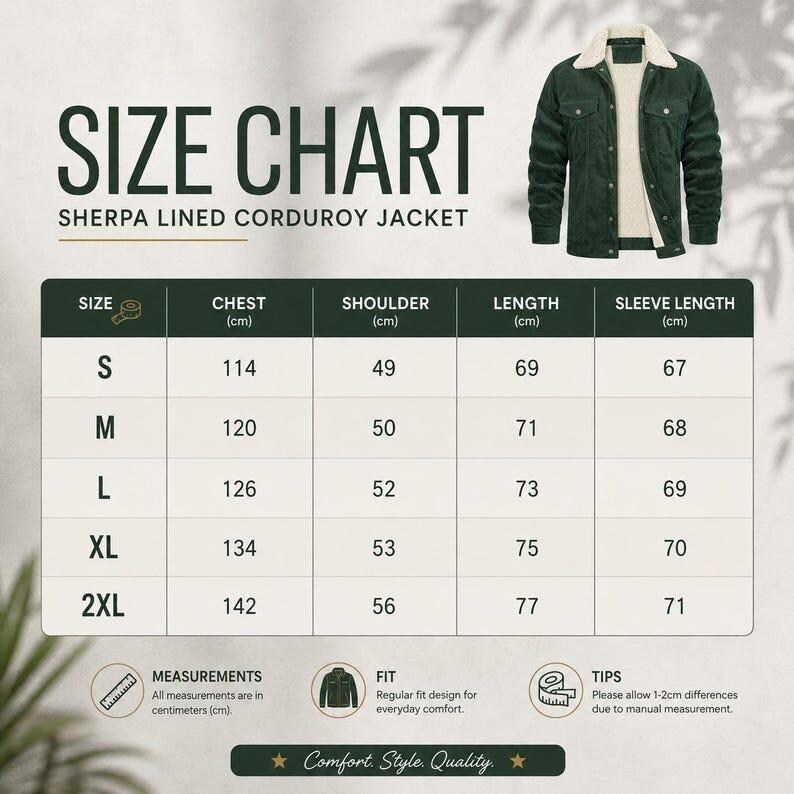 May include: A size chart for a dark green corduroy jacket with a white sherpa lining. The chart displays measurements in centimeters for sizes S through 2XL, including chest, shoulder, length, and sleeve length. Text includes SIZE CHART, SHERPA LINED CORDUROY JACKET, and measurement tips.