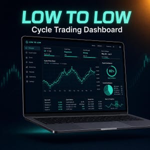 May include: A laptop displaying the LOW TO LOW Cycle Trading Dashboard, featuring a dark interface with teal accents, a cycle price chart, cycle confidence metrics, and various data panels for market analysis on a dark background.