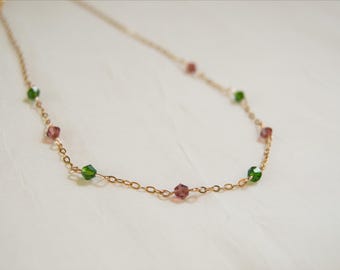 Customizable Birthstone Necklace: Gold Toned Stainless Steel with Glass Beads (16" + 2" Extender)