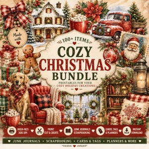 Könnte beinhalten: Ein digitales Grafikpaket mit dem Titel 100+ ITEMS COZY CHRISTMAS BUNDLE mit Illustrationen eines Lebkuchenmanns, eines Golden Retrievers, eines roten Sessels, eines verschneiten Hauses, eines roten Lastwagens, des Weihnachtsmanns und Geschenken.