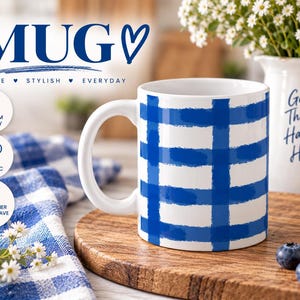 Blue Gingham Mug, Hand Painted Checkered Coffee Cup, Cobalt Blue Ceramic Mug, Cozy Kitchen Gift, Blue Plaid Tea Cup