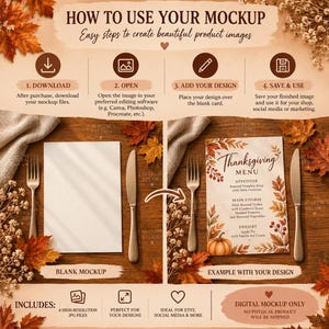 Könnte beinhalten: Eine digitale Mockup-Anleitung mit einer leeren weißen Karte und einer Thanksgiving-Menükarte auf einer Holzoberfläche mit Herbstblättern, einer Gabel und einem Messer. Der Text enthält HOW TO USE YOUR MOCKUP und BLANK MOCKUP.