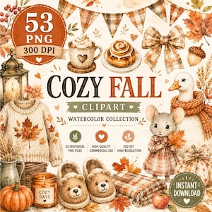 Könnte beinhalten: Eine digitale Aquarell-Clipart-Sammlung mit dem Titel Cozy Fall, die 53 PNG-Dateien enthält. Die Elemente umfassen eine Laterne, einen Pullover, einen Kürbis, Bärentier-Hausschuhe, eine karierte Decke, eine Zimtschnecke, eine Tasse, eine Maus im Kleid und eine Gans mit Schal.