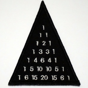 Puede incluir: Un parche triangular negro con números bordados en blanco que forman el triángulo de Pascal. Los números son 1, 11, 121, 1331, 14641, 15101051, 1615201561.