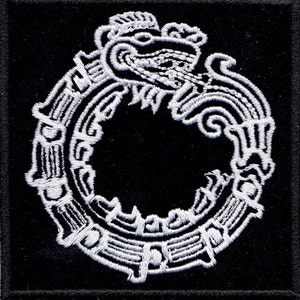 May include: White embroidered patch of a stylized serpent design on a black background.