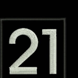Può includere: Una toppa quadrata nera con testo ricamato bianco che dice "21".