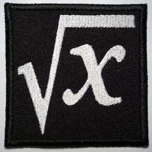 May include: Black fabric patch with white embroidered text that reads "√x".