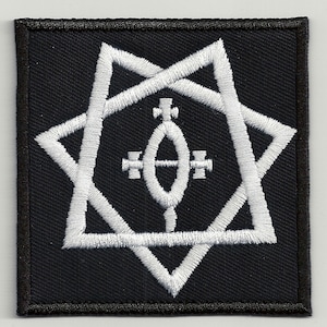 May include: White embroidered patch with a six-pointed star design on a black background. The star has a central oval shape with a cross inside.