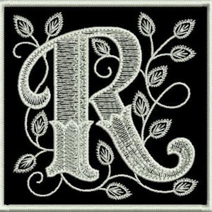 Letter R, Monogram, Alphabet - embroidered patch,  3,6 X 3,6 Inch.