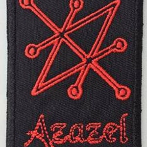 May include: A black embroidered patch with a red symbol and the word "Azazel" in red lettering.