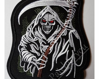 Grim Reaper Biker Skull Iron On Sew On Patch - embroidered patch, 3,8 X 4,5 INCH