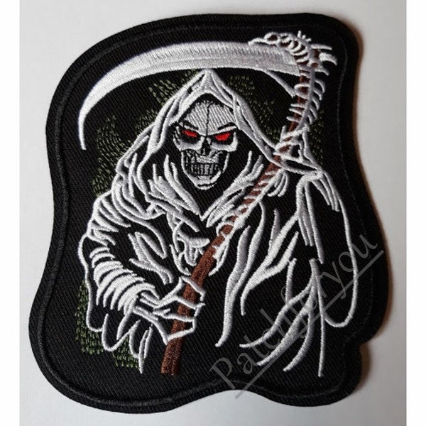 Grim Reaper Biker Skull fer à coudre sur Patch - Patch brodé, 10 x 11,5 cm.