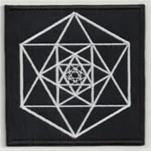 May include: A black patch with a white geometric design of a repeating pattern of triangles and hexagons.