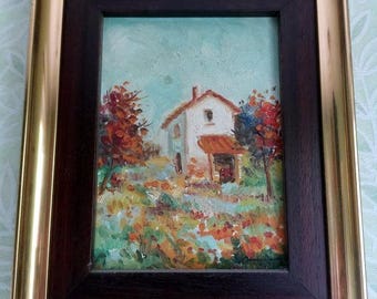 Natural landscape, house, garden in summer , oil painting, unknown spanish artist, size - 31 X 25 cm.