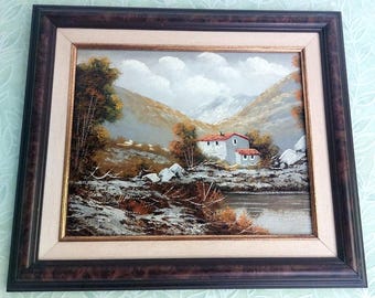 Natural landscape, house by the mountains in winter, oil painting, unknown spanish artist , size - 57 X 49 cm.