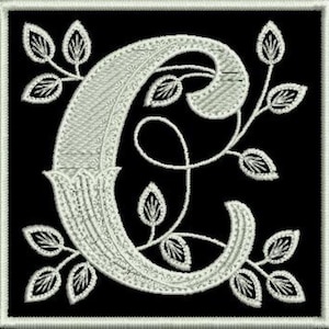 Op de afbeelding: Een witte geborduurde letter C met een decoratief bloemmotief op een zwarte achtergrond.