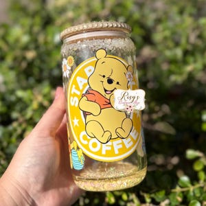 Pooh Cartoon Character 16oz Snow Globe libbey Glass Can | Snowglobe 16oz Glass cup | Bear Uv Dtf wrap | Gifts for Her | Bling Bamboo Lid