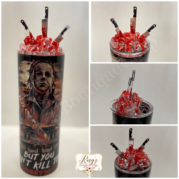 20 oz skinny horror tumbler with removeable bloody ice topper