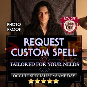 May include: A person with long dark hair sits behind a table with lit candles. Text overlays read: PHOTO PROOF, 50% OFF AUTUMN EVENT, REQUEST CUSTOM SPELL TAILORED FOR YOUR NEEDS, OCCULT SPECIALIST SAME DAY, and five gold stars at the bottom of the image.